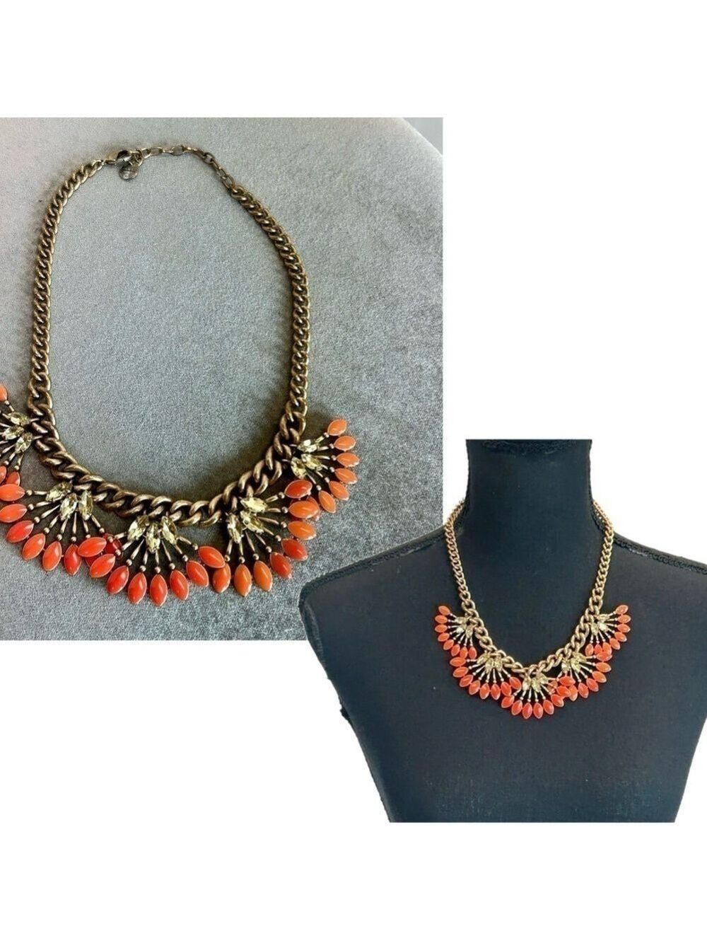 STELLA & DOT Coral Cay Orange Enamel Rhinestone Crystal Bib Statement Necklace